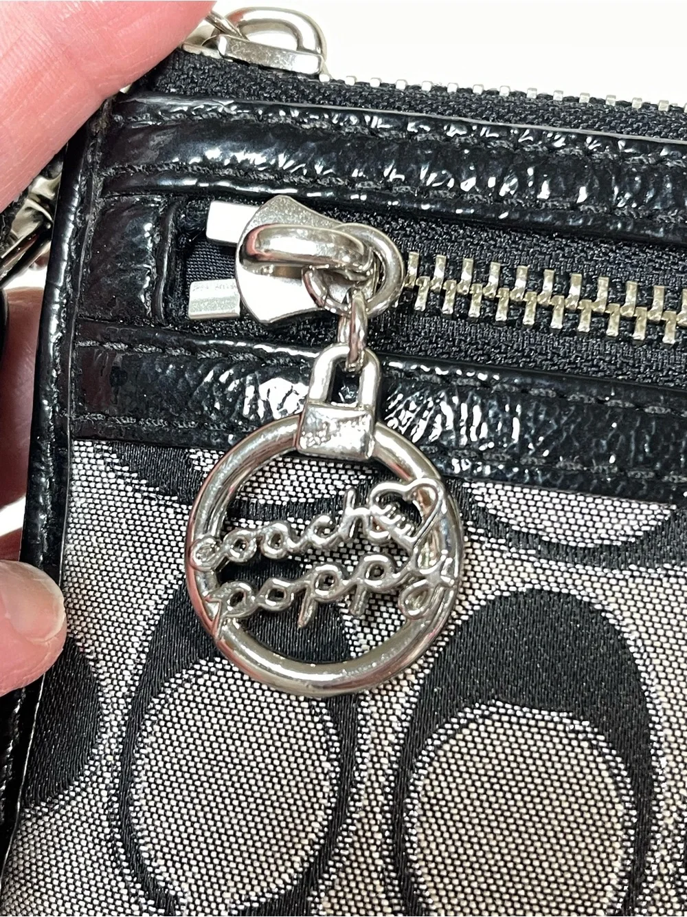 Coach Poppy Black and Gray Signature Wallet Wristlet with Leather Trim
